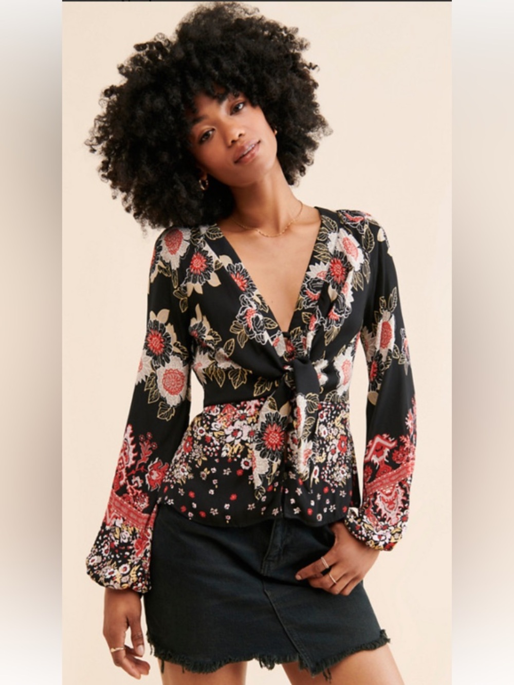 Free People button front blouse with tie over detail in black with floral print